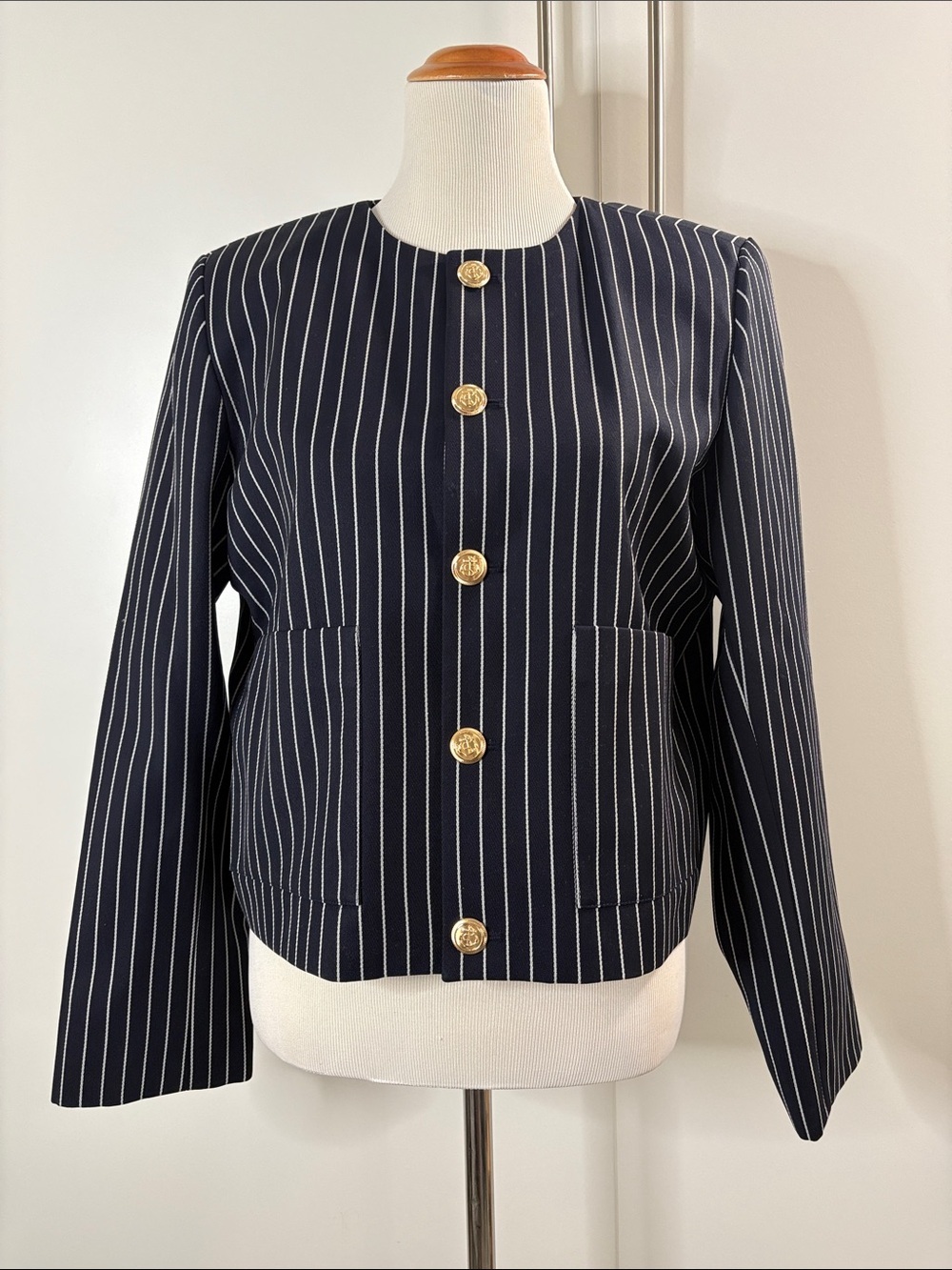 Frame Denim Navy Pinstripe Blazer with Gold Buttons L
